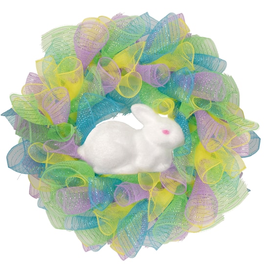 Colorful Deco Mesh Ribbon Easter Bunny Wreath 24&#x22; unlit